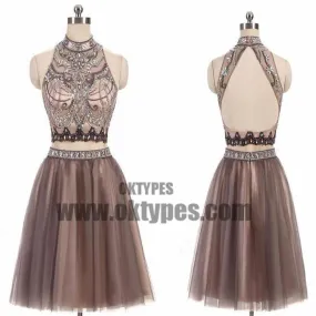 2 Pieces High Neck Rhinestone Beaded Tulle Homecoming Dresses, Short Prom Dresses, TYP0619