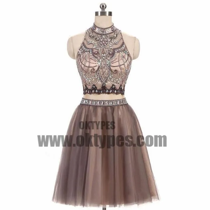 2 Pieces High Neck Rhinestone Beaded Tulle Homecoming Dresses, Short Prom Dresses, TYP0619