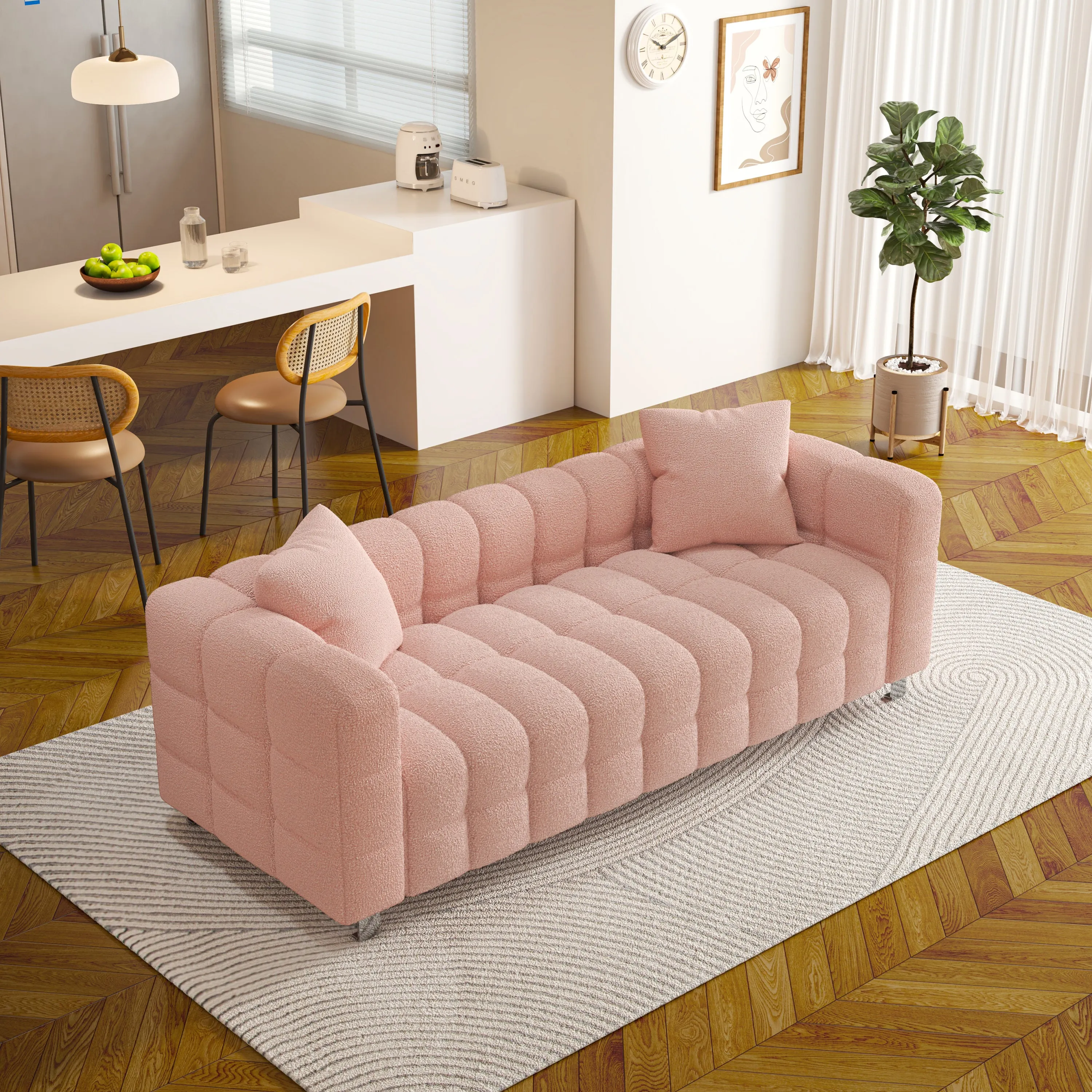 80" pink  teddy velvet sofa with two pillows suitable for living room bedroom