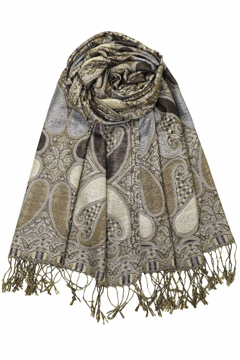 Achillea Coffee Brown Metallic Paisley Pashmina