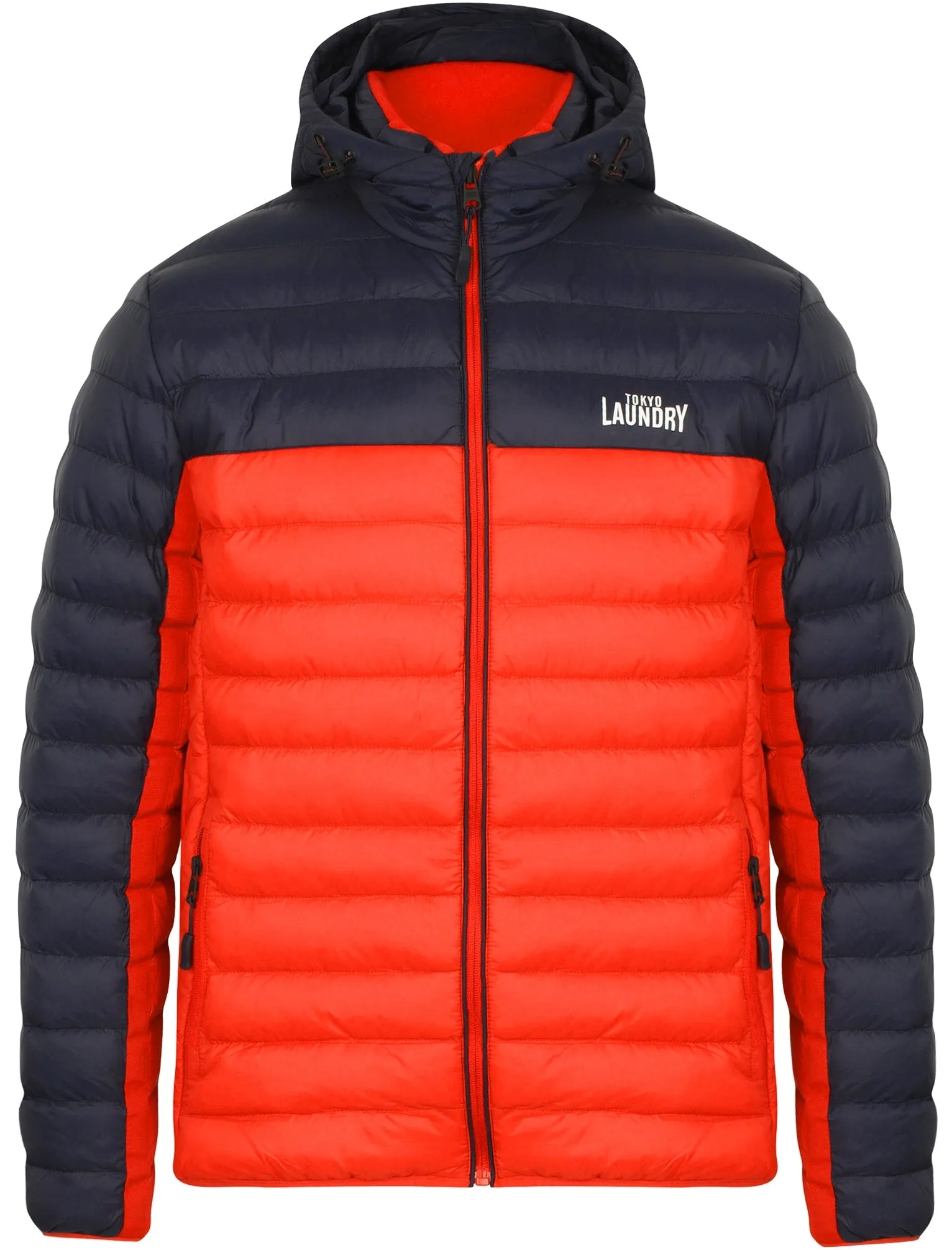 Aksel Colour Block Quilted Puffer Jacket with Hood In Red - Tokyo Laundry