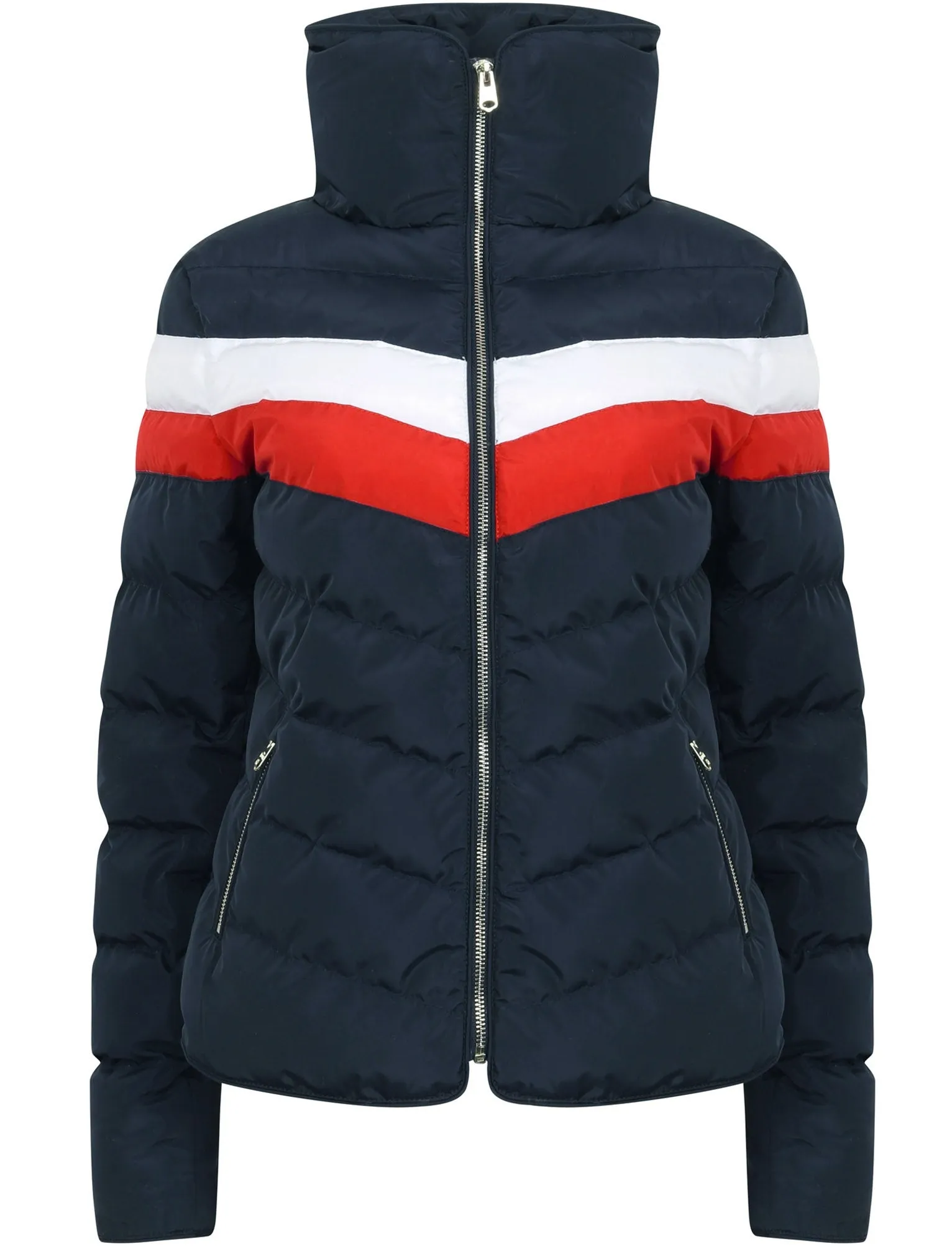 Anise Quilted Puffer Jacket with Chevron Panel In Navy Blazer / White & Red - Tokyo Laundry