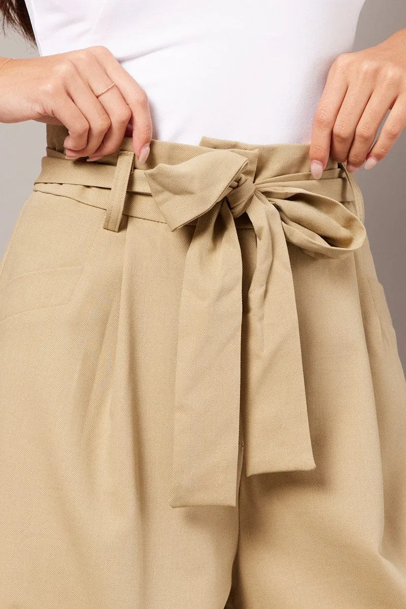 Beige Wide Leg Pants Waist Tie