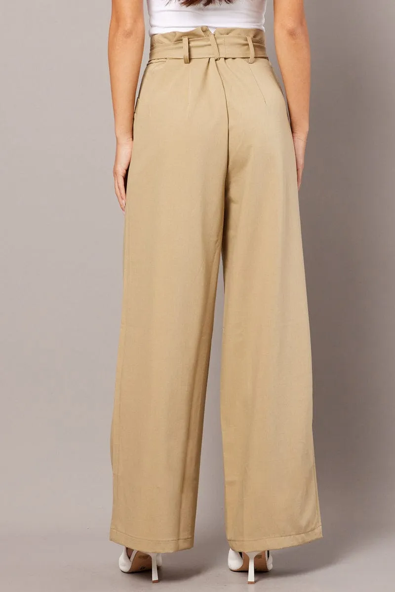 Beige Wide Leg Pants Waist Tie