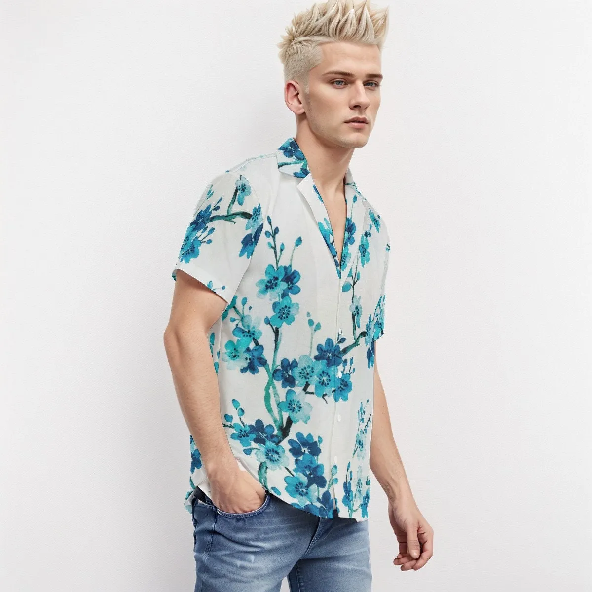 Blue Floral Shirt Men, Men's floral shirt, Romantic Shirt Men, Spring Summer Top, Summer Shirt Men, Vneck shirt men, Vacation Shirt men