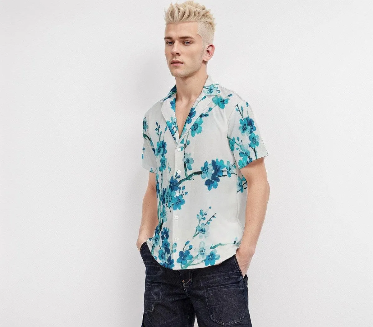 Blue Floral Shirt Men, Men's floral shirt, Romantic Shirt Men, Spring Summer Top, Summer Shirt Men, Vneck shirt men, Vacation Shirt men