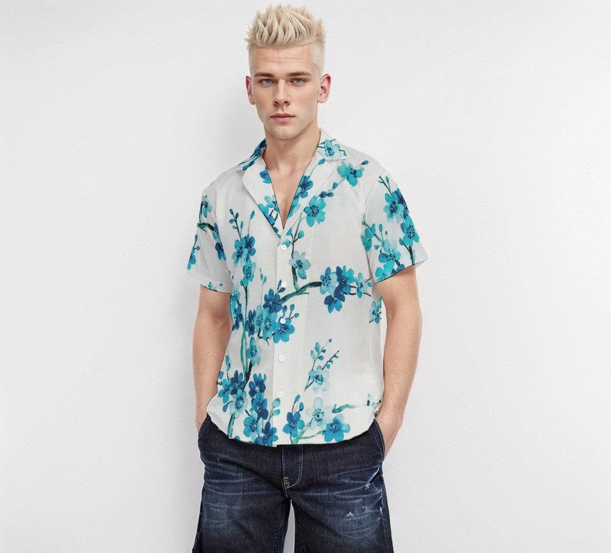 Blue Floral Shirt Men, Men's floral shirt, Romantic Shirt Men, Spring Summer Top, Summer Shirt Men, Vneck shirt men, Vacation Shirt men