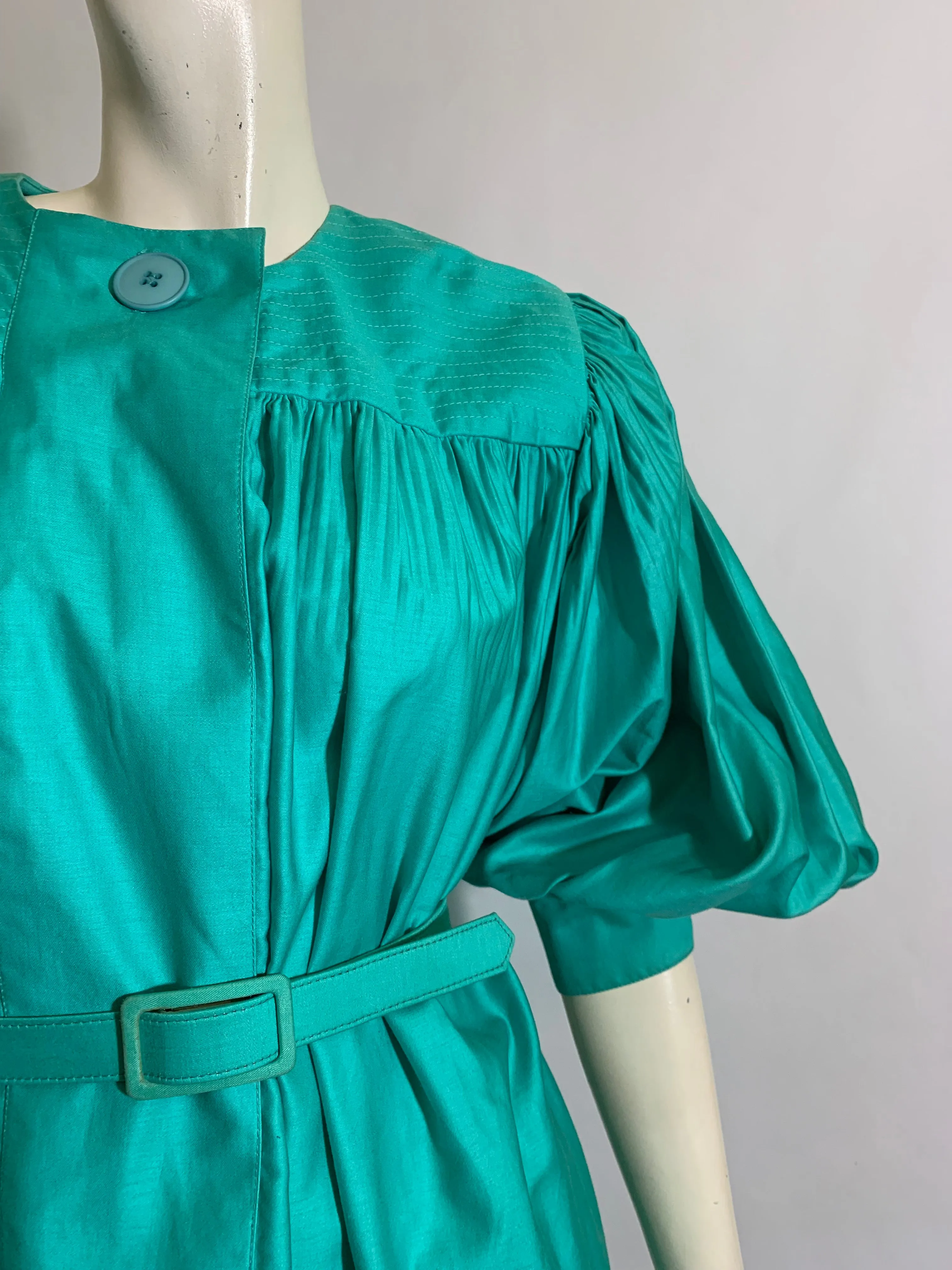 Bright Teal Cotton Belted Tent Dress with Voluminous Puff Sleeves circa 1980s