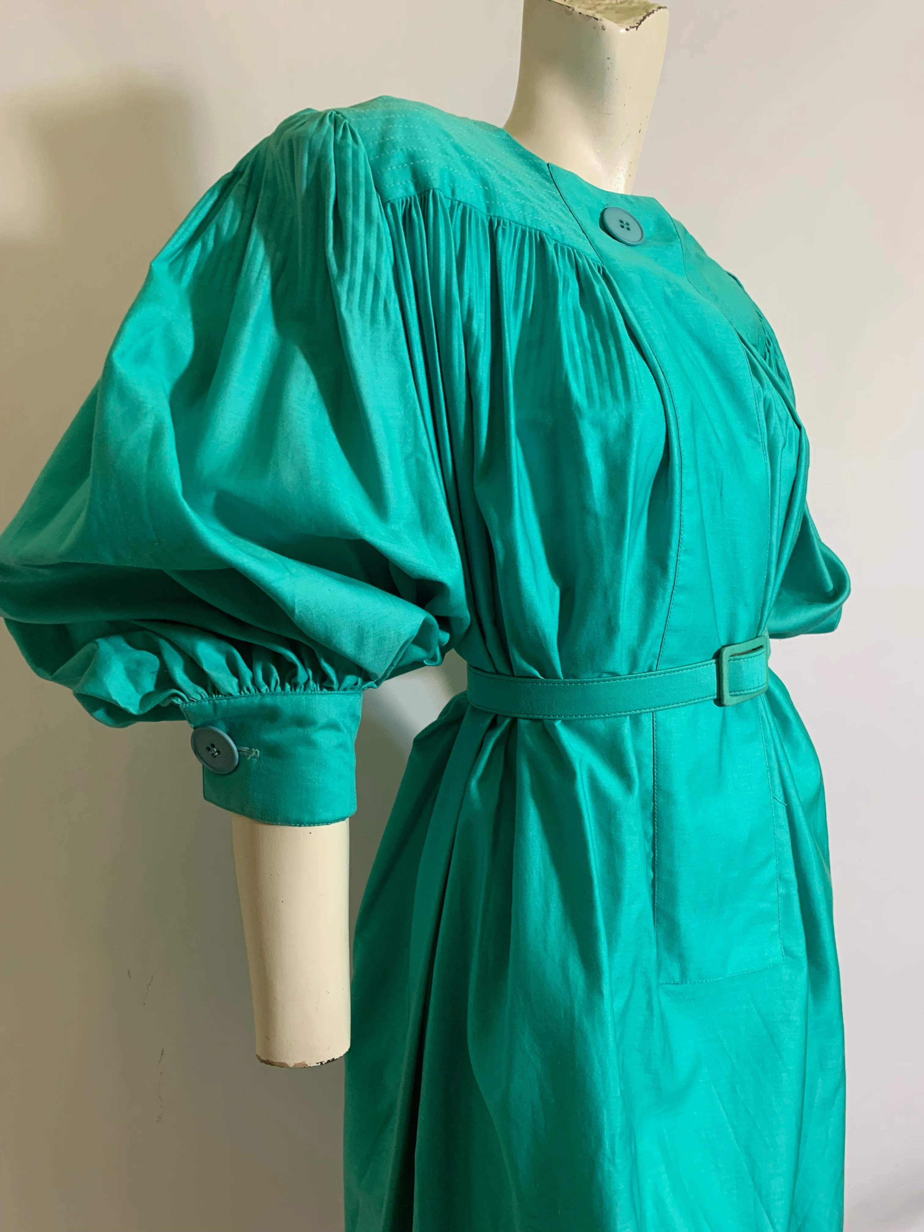 Bright Teal Cotton Belted Tent Dress with Voluminous Puff Sleeves circa 1980s