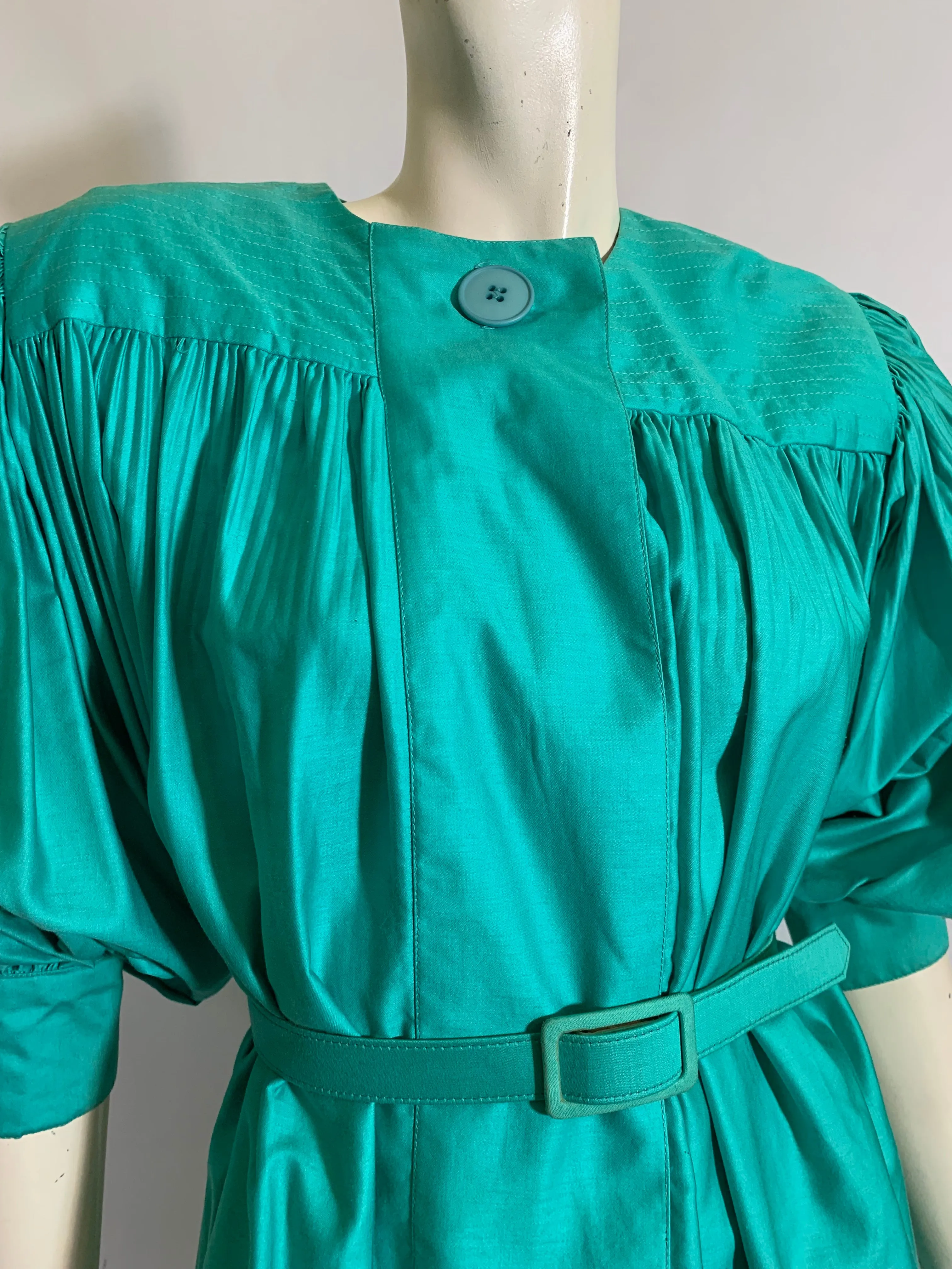 Bright Teal Cotton Belted Tent Dress with Voluminous Puff Sleeves circa 1980s