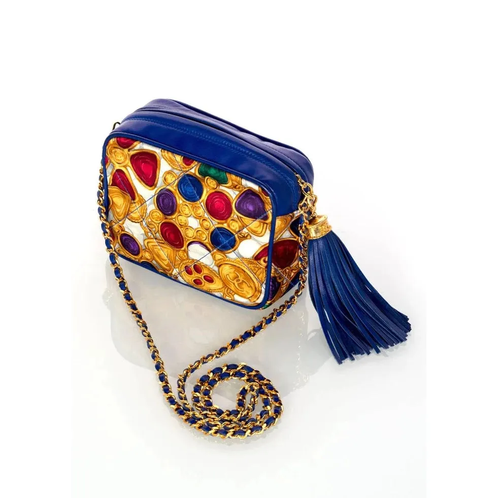 CHANEL 1990s Silk Gripoix Jewel Print Blue Leather Tassel Chain Crossbody Bag