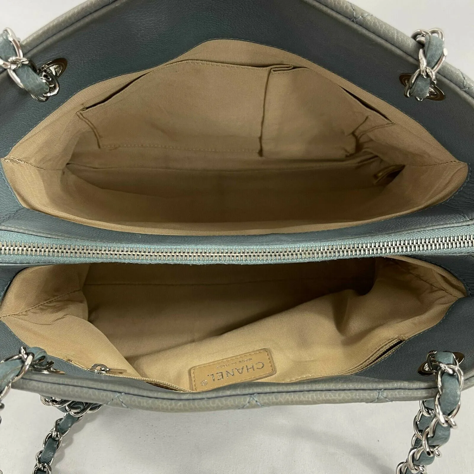 CHANEL - Seafoam / Silver CC Caviar Medium Leather Shopping Tote / Shoulder Bag