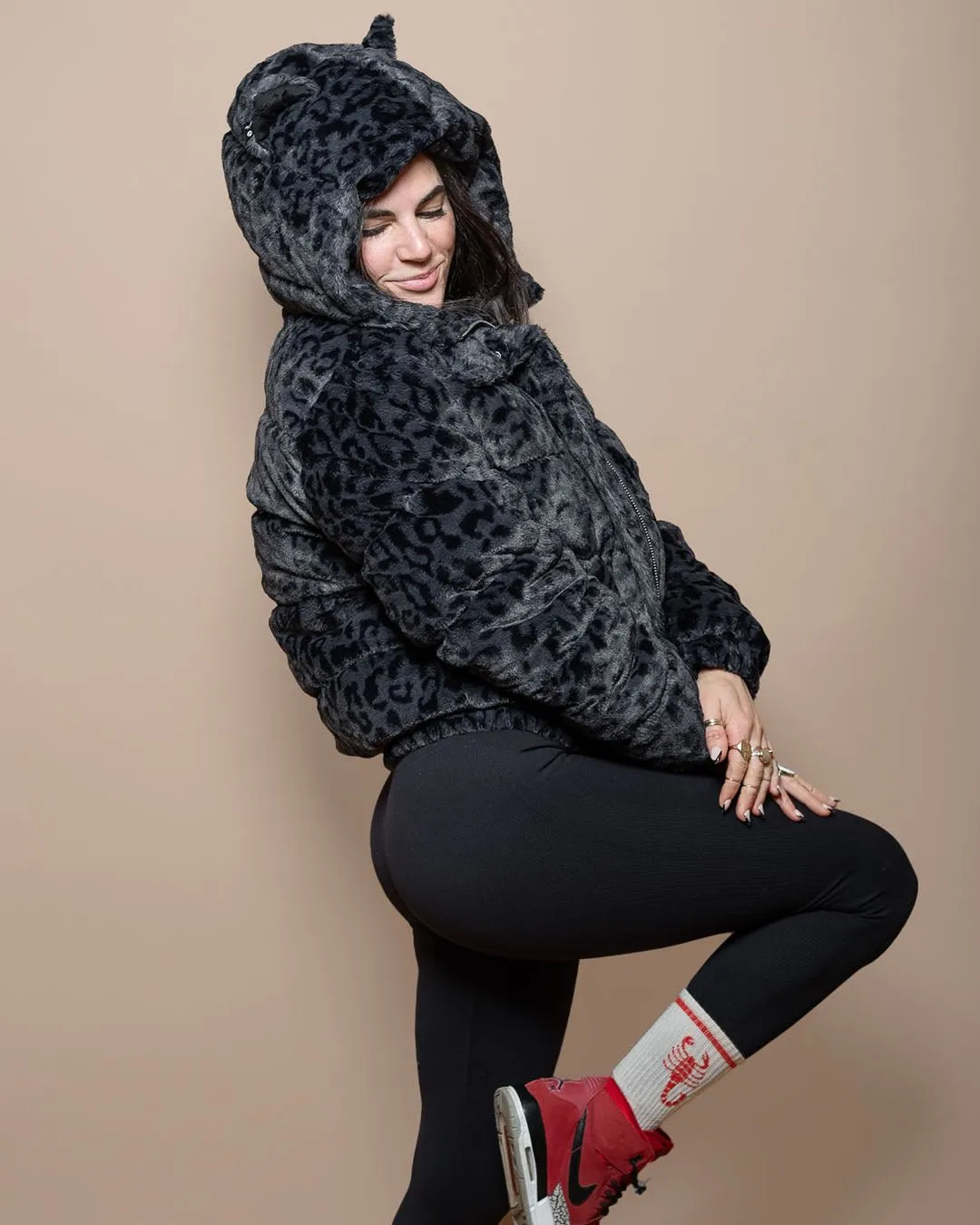 Classic Women's Black Hooded Puffer Jacket | Slate Leopard