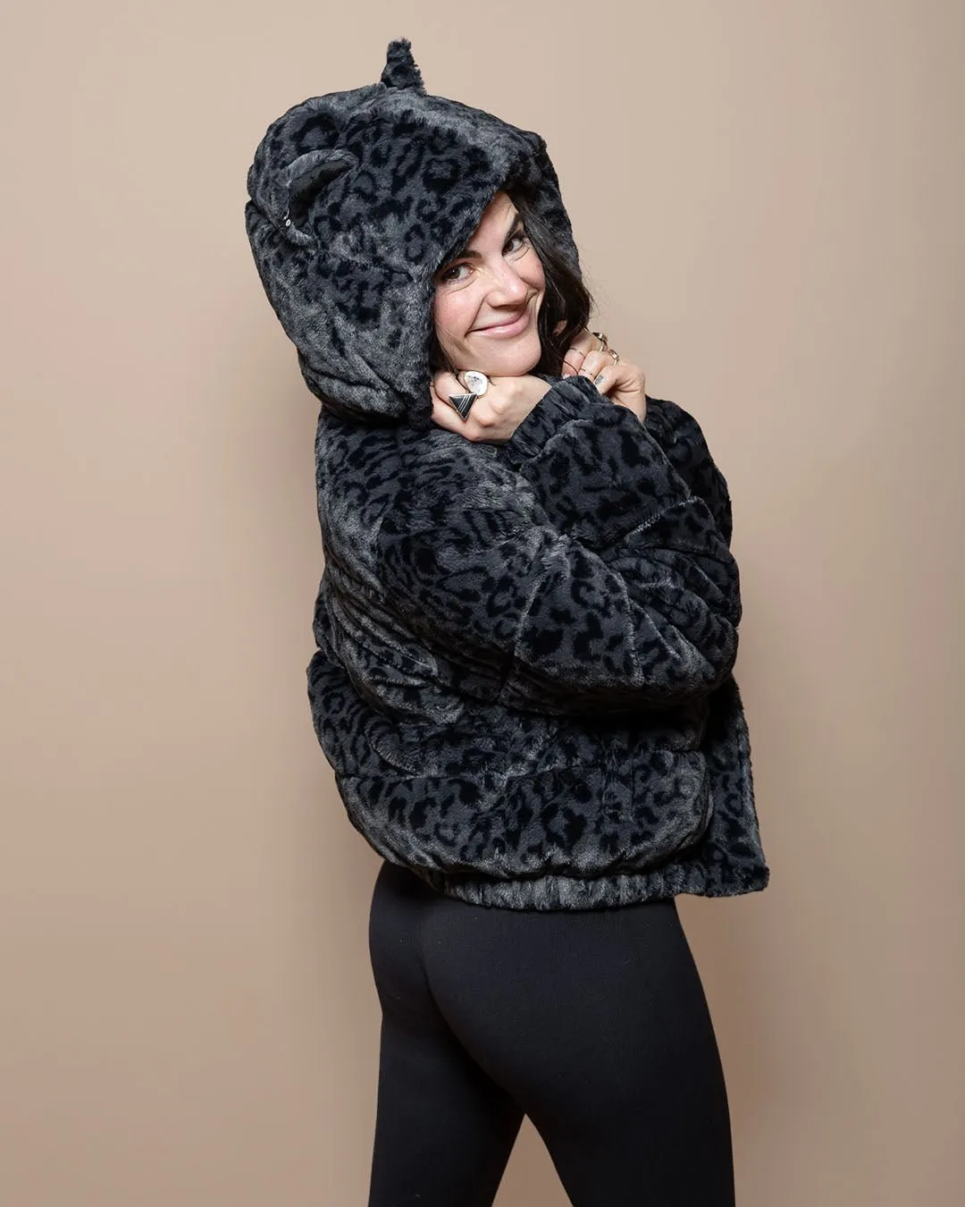 Classic Women's Black Hooded Puffer Jacket | Slate Leopard