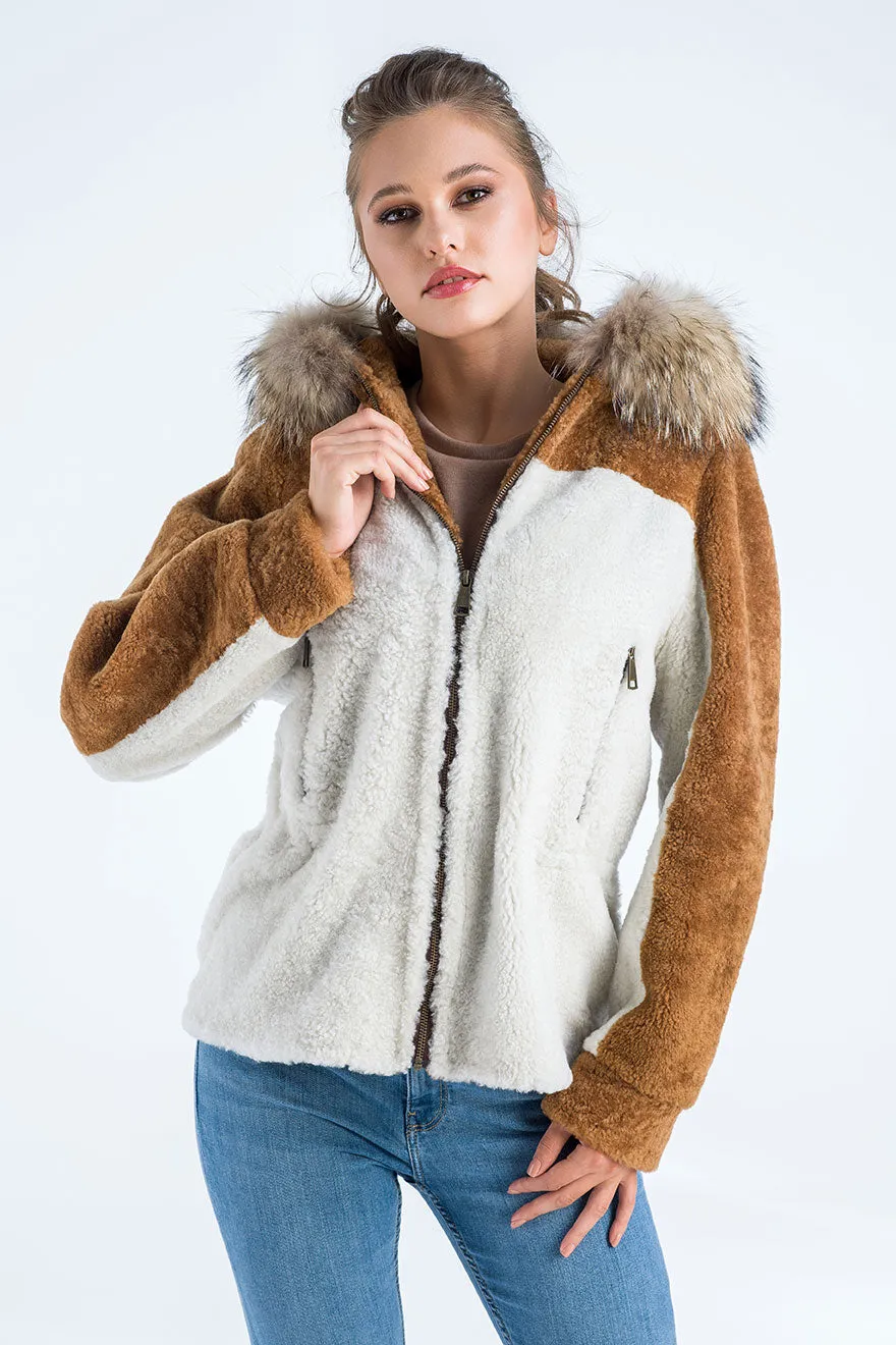 Cream Sheepskin Hooded Jacket with Racoon Fur Detailing