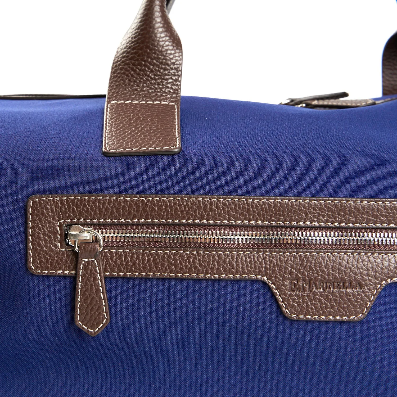 DARK BLUE AND BROWN TRAVEL BAG