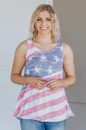 Don't Forget American Flag Vintage Wash Sleeveless Tank Top in Red Navy