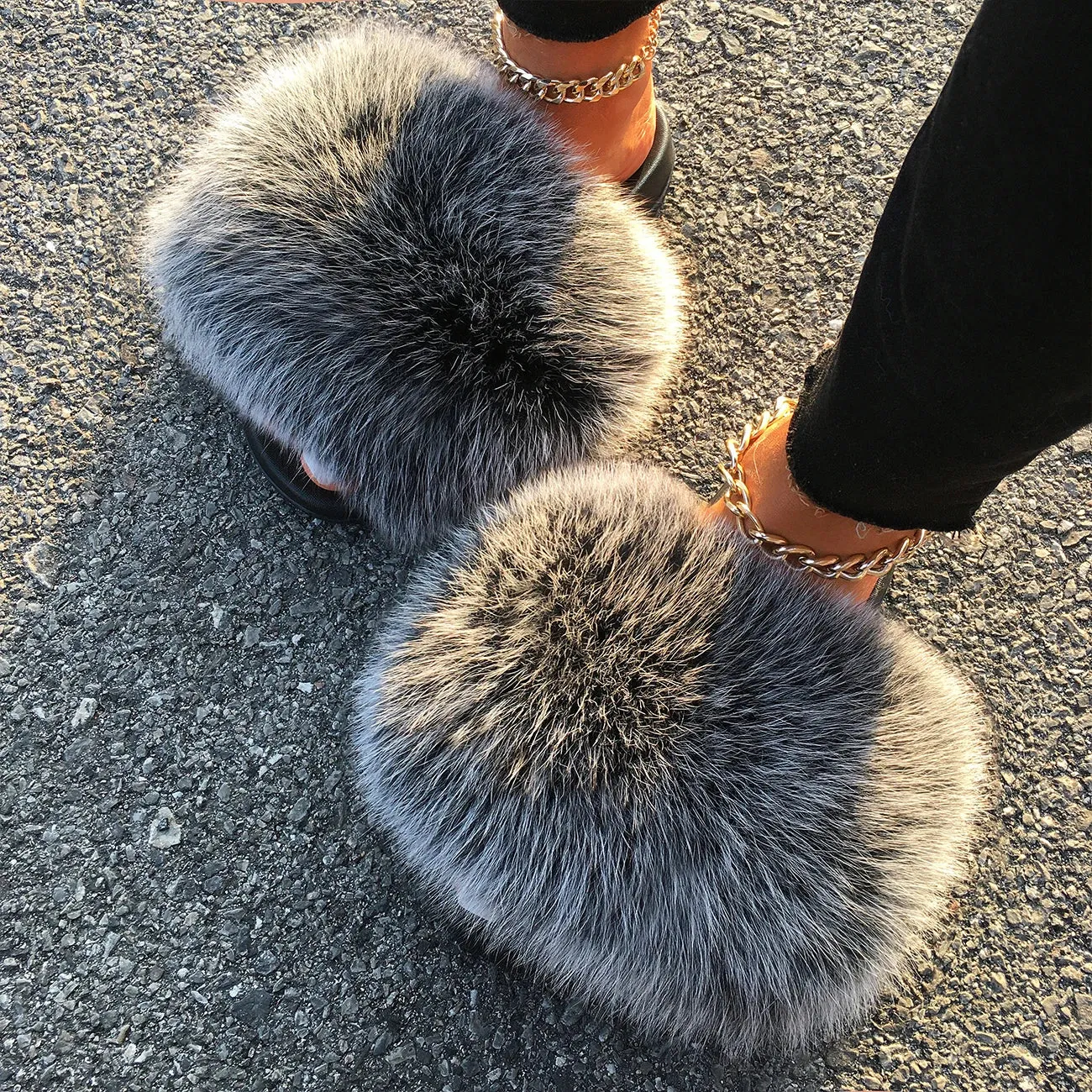 Extra Large Real Fox Raccoon Fur Slides - Designer Beach Sandals with Plush Furry Detailing for Women