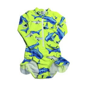 Fluro Green Sharks Girls Long Sleeve Zip Swimmers