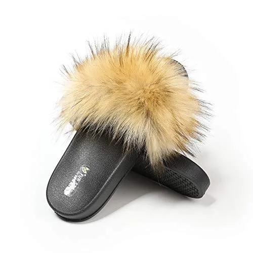 Fur Story ladies outdoor faux fur furry sandals (faux raccoon skin)