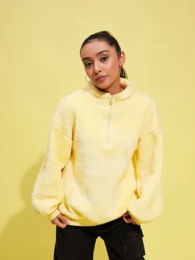 Girls Yellow Fur Front Zipper Sweatshirt