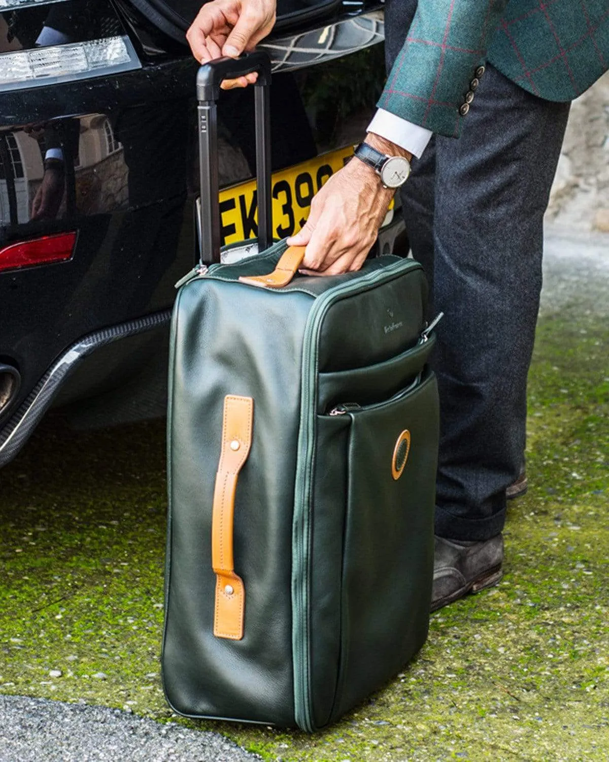 GLOBETROTTER - Full-grain Leather Trolley Bag - British Green/Tan