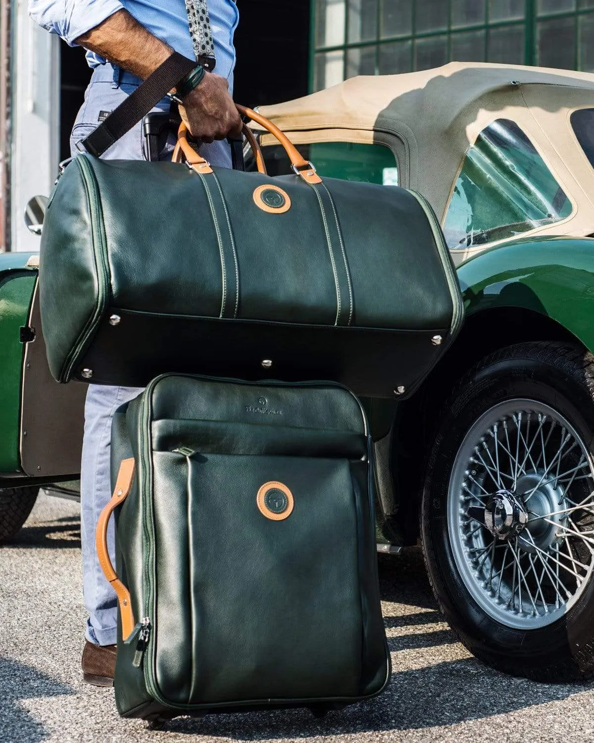 GLOBETROTTER - Full-grain Leather Trolley Bag - British Green/Tan