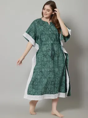 Green Cotton Floral Print Long Kaftan With Lace