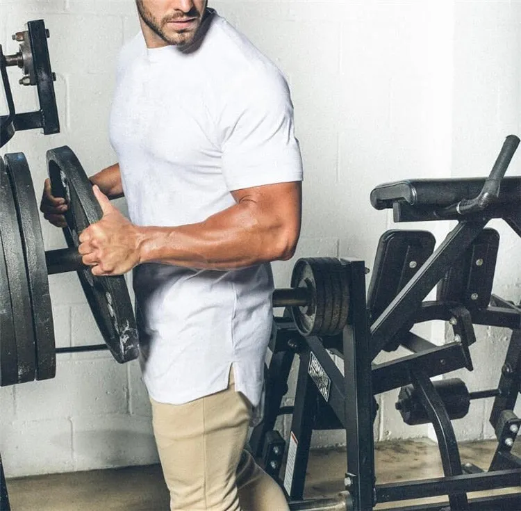 gym clothing fitness t shirt men's extend hip hop summer short sleeve t-shirt cotton bodybuilding muscle tshirt men's