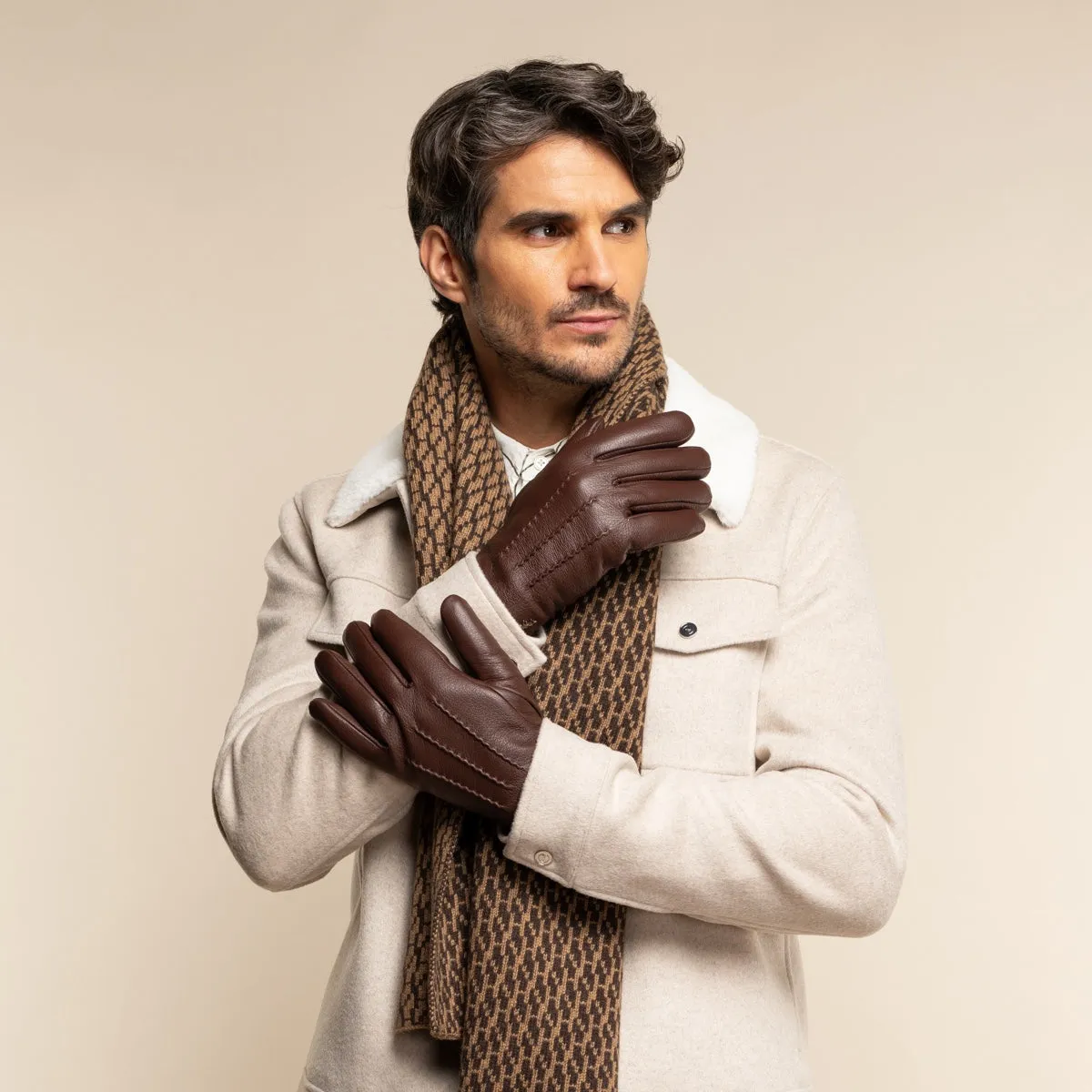 Jaxon (brown) - goatskin leather gloves with luxurious faux fur lining & touchscreen feature