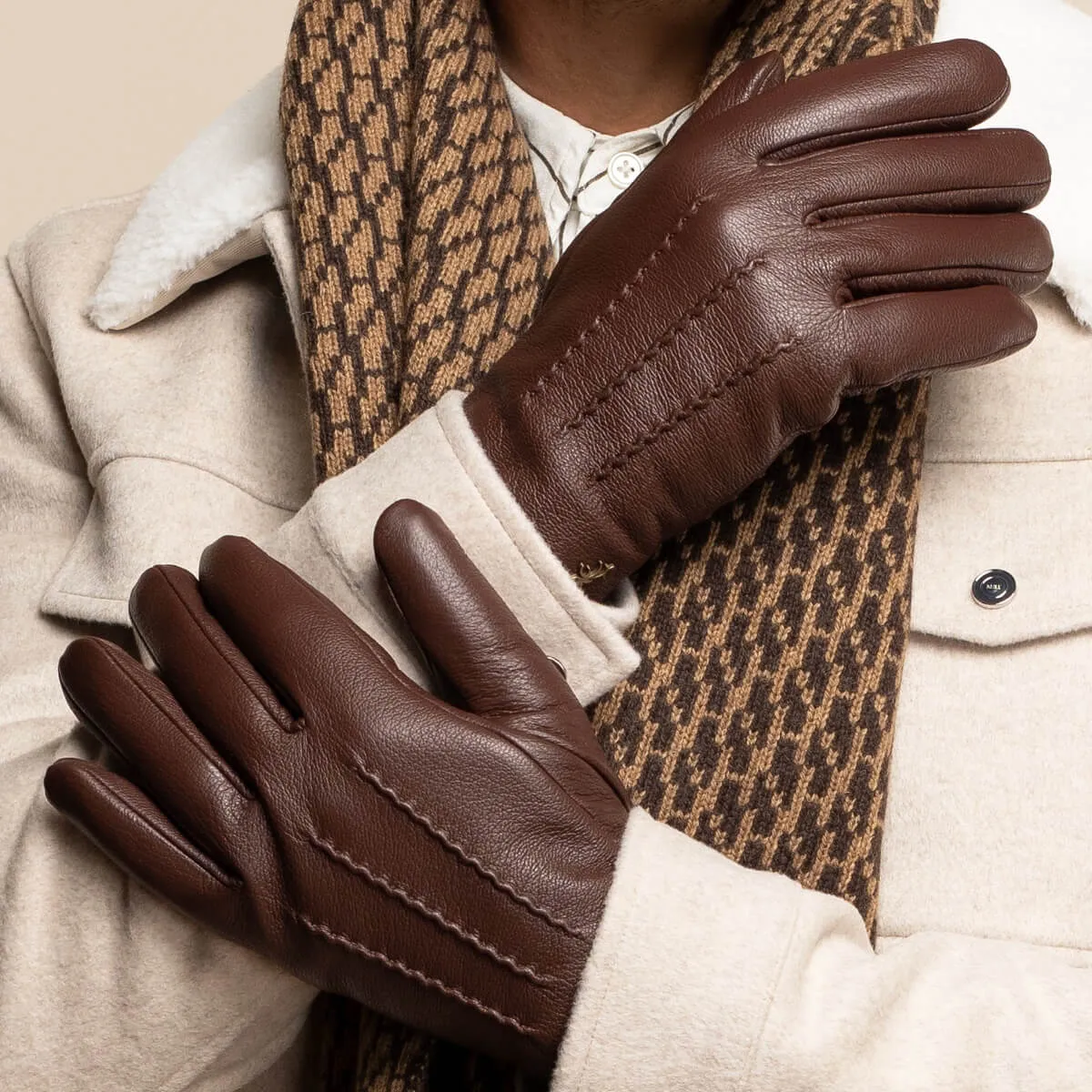 Jaxon (brown) - goatskin leather gloves with luxurious faux fur lining & touchscreen feature