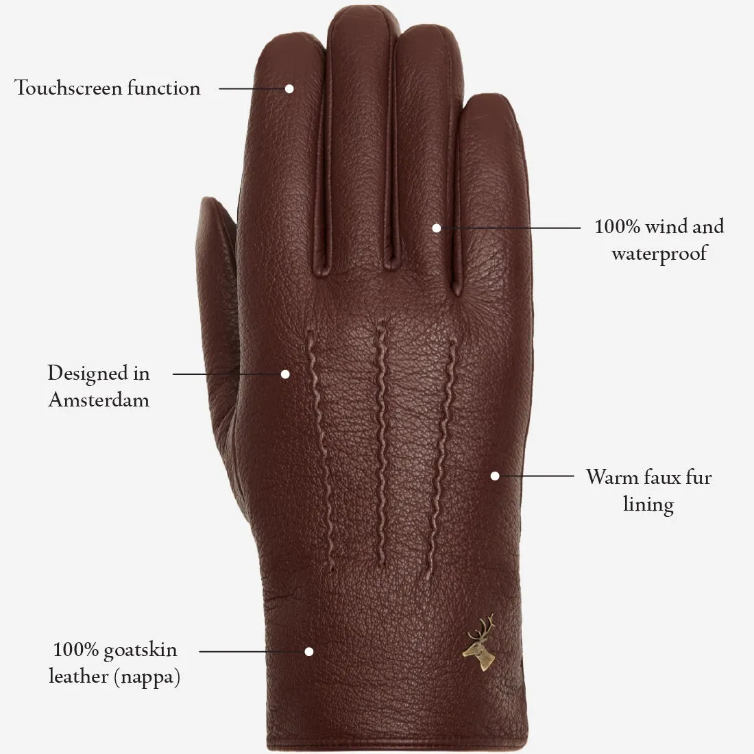 Jaxon (brown) - goatskin leather gloves with luxurious faux fur lining & touchscreen feature