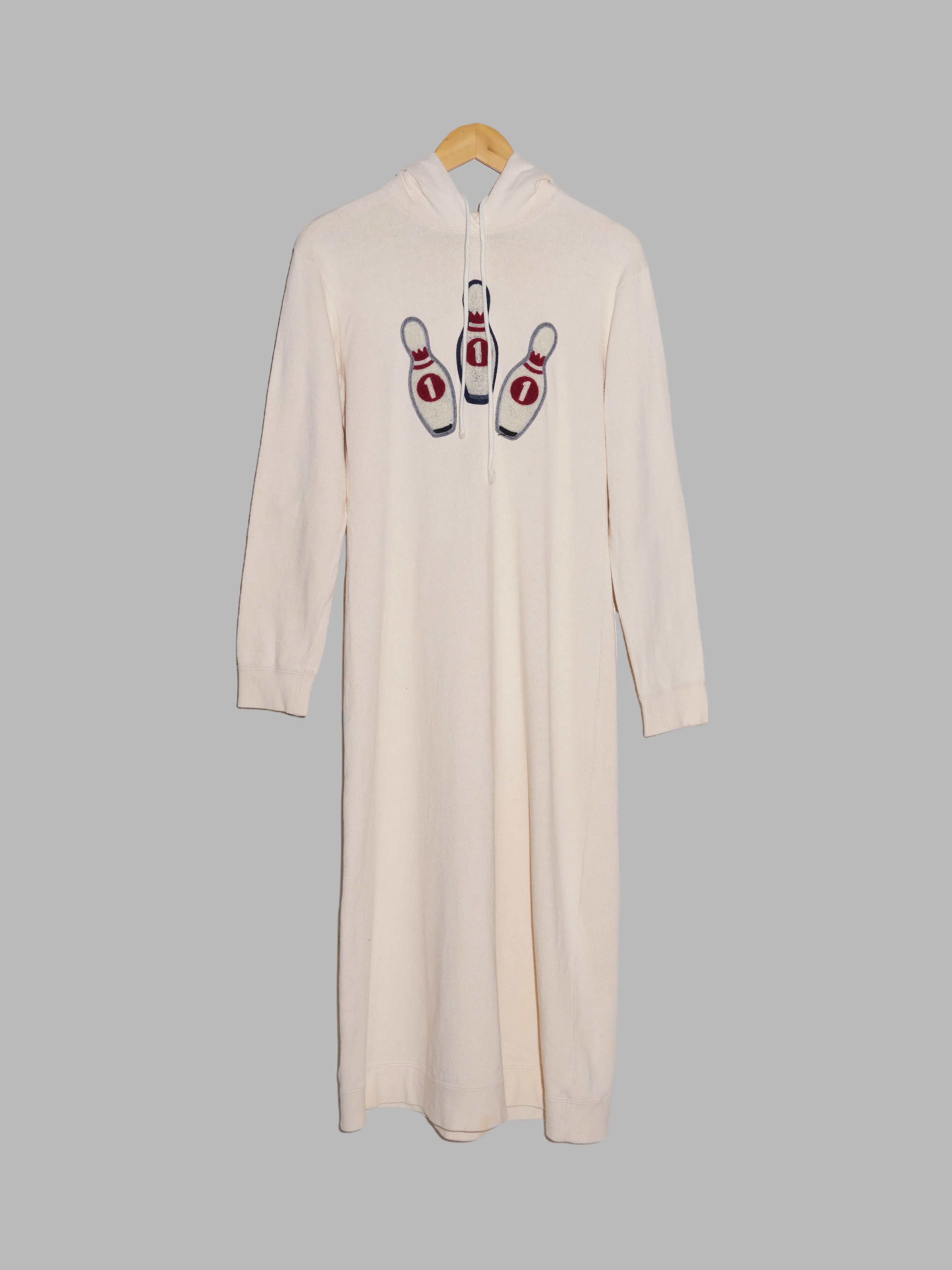 Keita Maruyama beige cotton full length hoodie dress with bowling pin motif - M