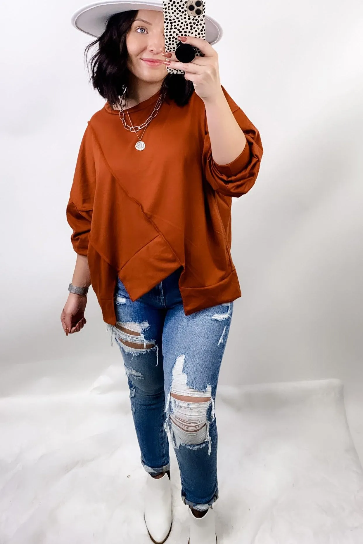 Making The Cut- Rust Long Sleeve w/ Cutout Hemline