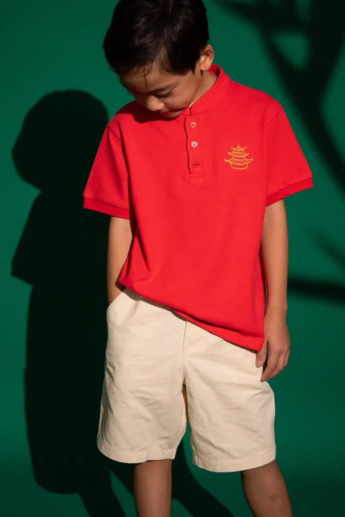 Mandarin-collared Polo Tee - Rose Pagoda