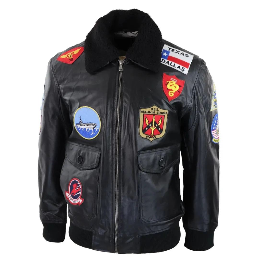 Mens Black Topgun Maverick Jacket Pilot Bomber US Badges Black Fur Tom Cat