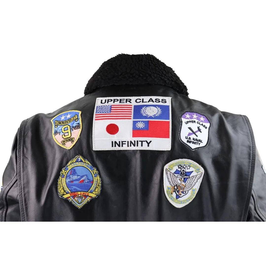 Mens Black Topgun Maverick Jacket Pilot Bomber US Badges Black Fur Tom Cat