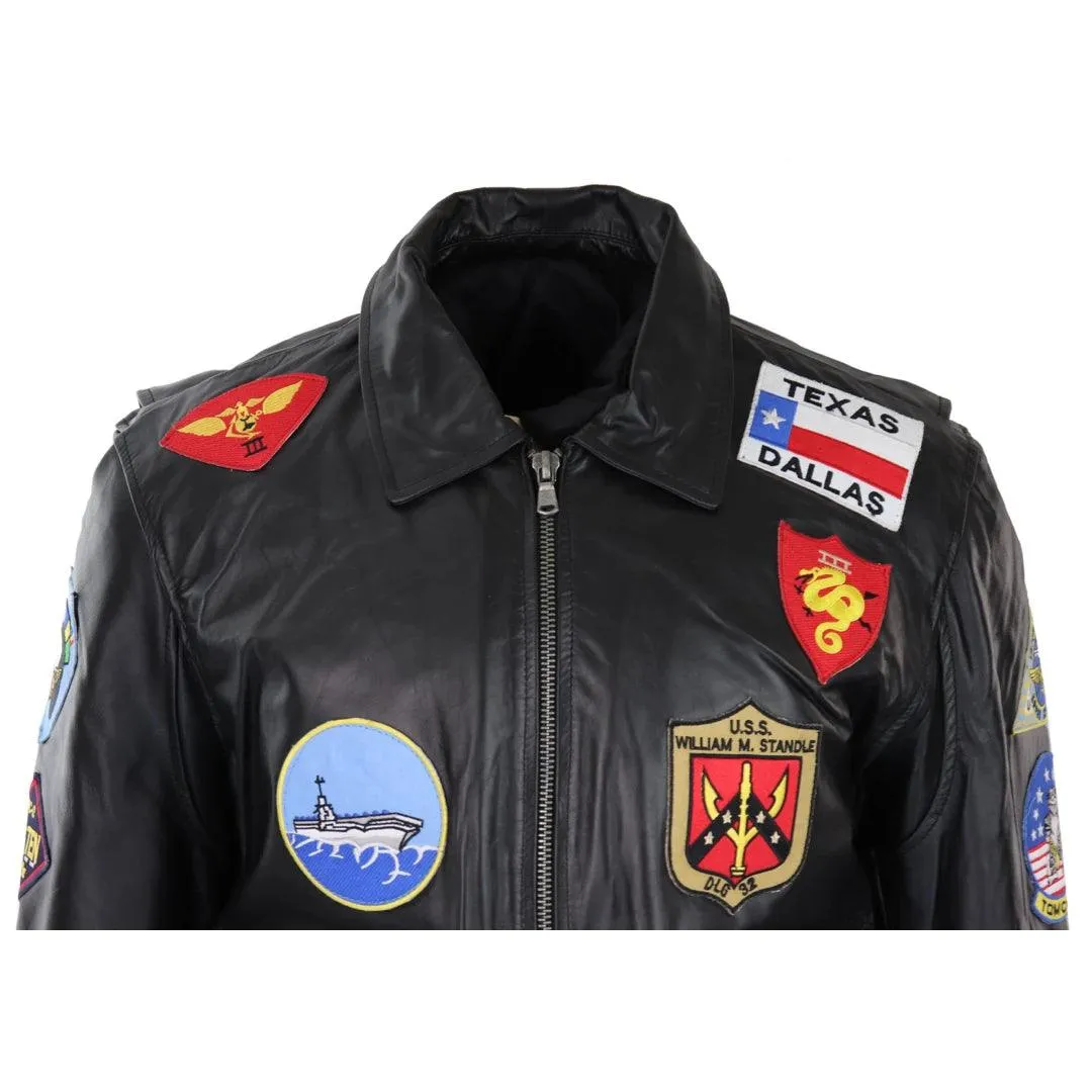 Mens Black Topgun Maverick Jacket Pilot Bomber US Badges Black Fur Tom Cat