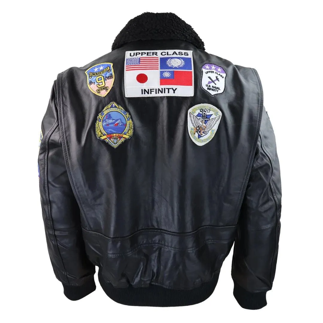 Mens Black Topgun Maverick Jacket Pilot Bomber US Badges Black Fur Tom Cat