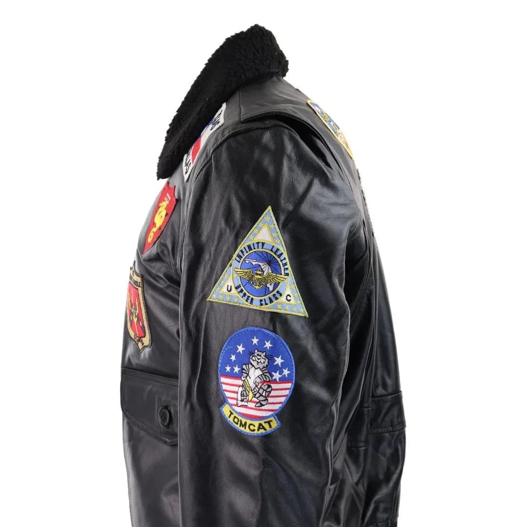 Mens Black Topgun Maverick Jacket Pilot Bomber US Badges Black Fur Tom Cat