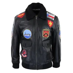 Mens Black Topgun Maverick Jacket Pilot Bomber US Badges Black Fur Tom Cat