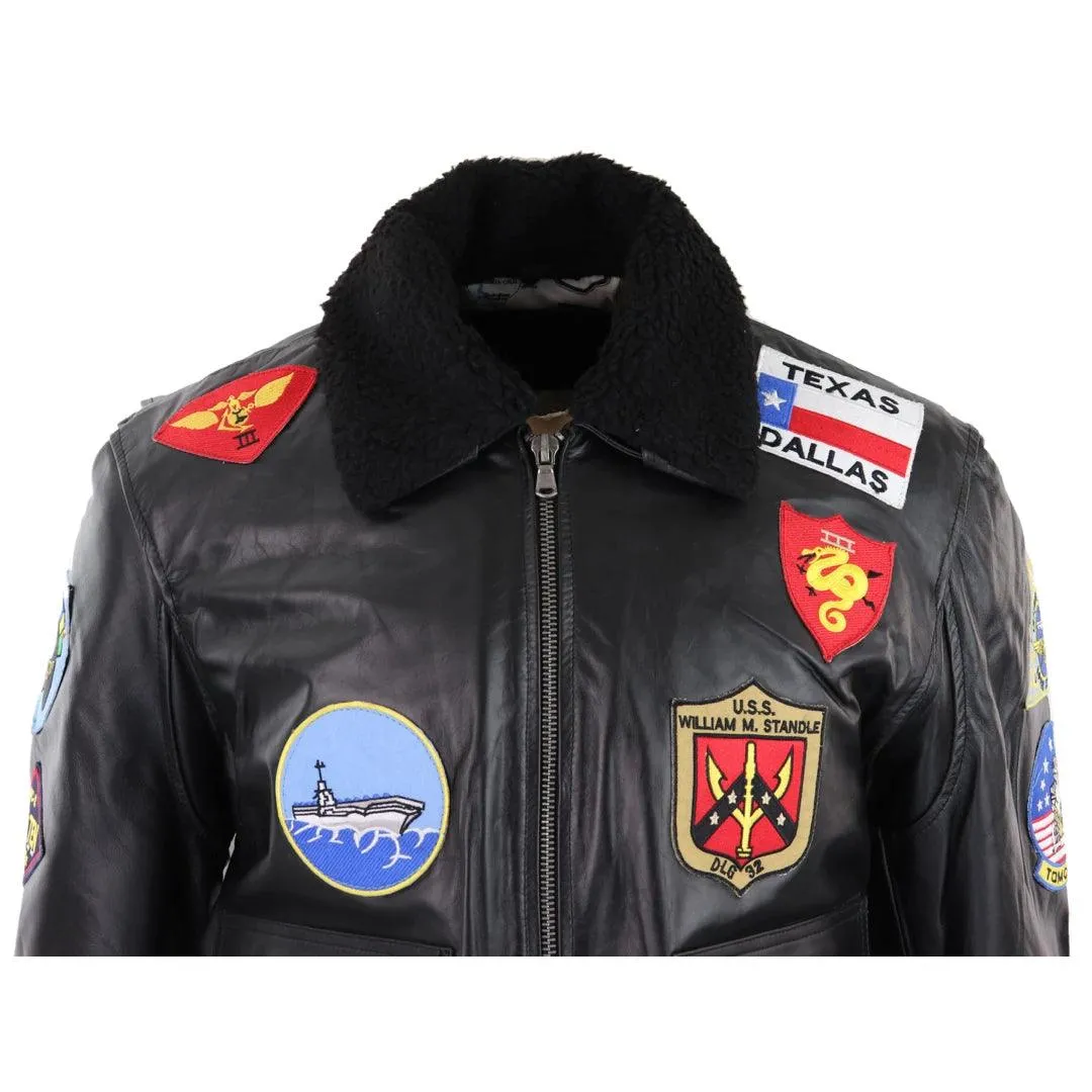 Mens Black Topgun Maverick Jacket Pilot Bomber US Badges Black Fur Tom Cat