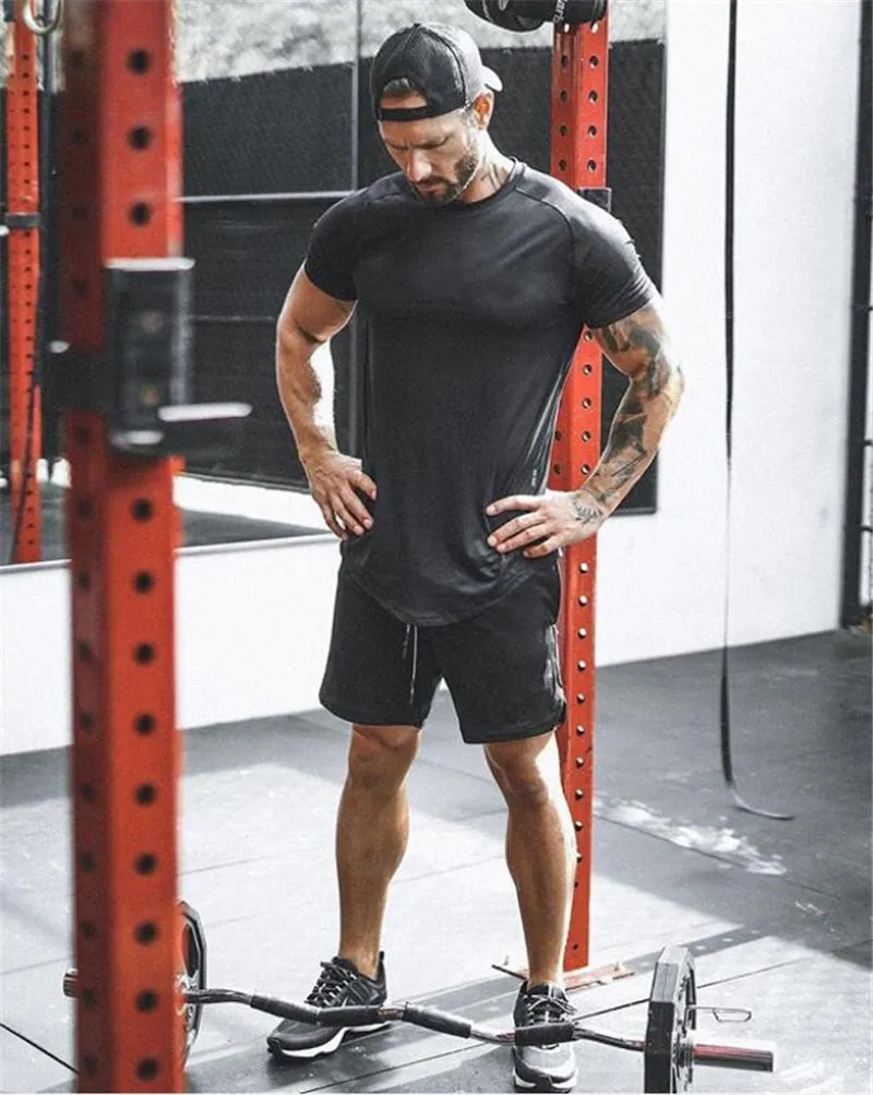 Mesh T-Shirt Clothing Tight Gym Men's Summer Tops Tees Homme Solid Quick Dry Bodybuilding Fitness