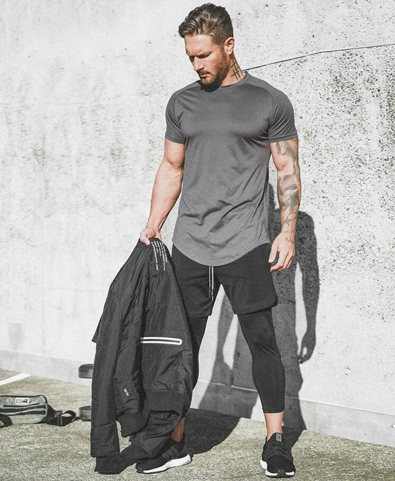 Mesh T-Shirt Clothing Tight Gym Men's Summer Tops Tees Homme Solid Quick Dry Bodybuilding Fitness