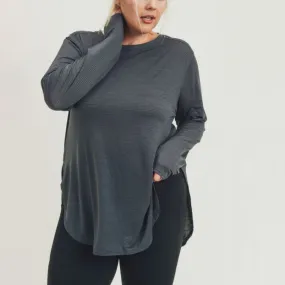 Plus Ribbed Mesh Long Sleeve Flow Top - Grey