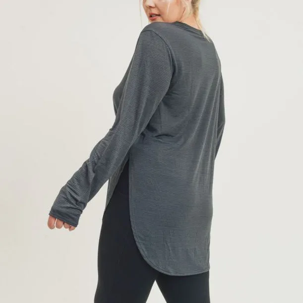 Plus Ribbed Mesh Long Sleeve Flow Top - Grey