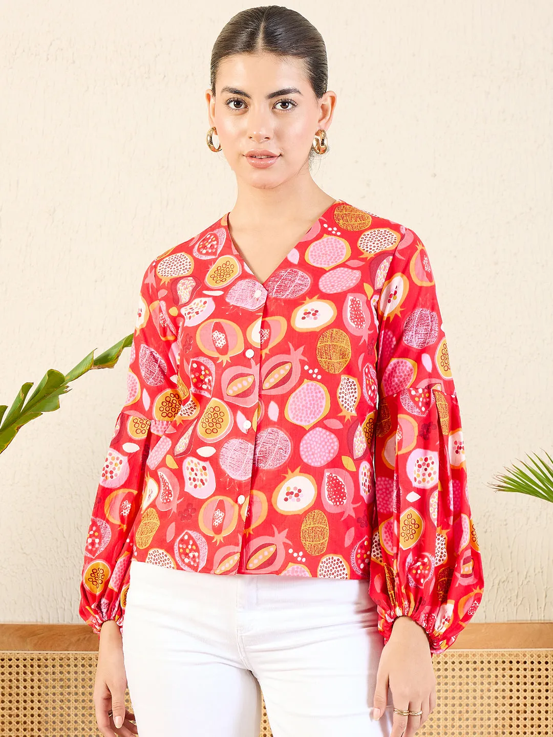 Printed Cotton Shirt with Balloon Sleeves