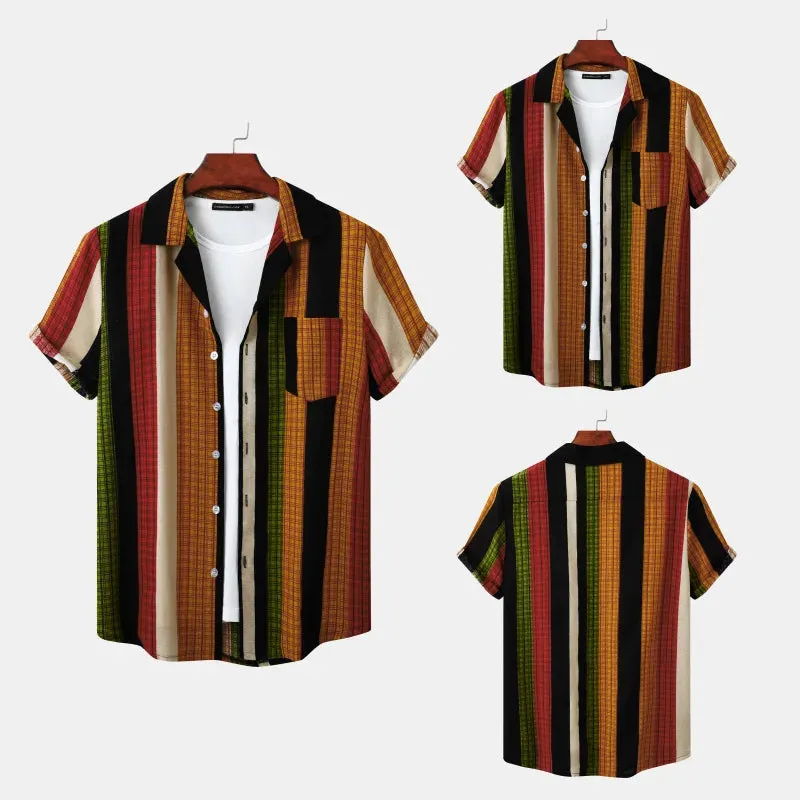 Summer Beach Holiday Striped Printing Casual Cotton and Linen Men Shirts