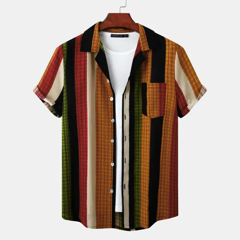 Summer Beach Holiday Striped Printing Casual Cotton and Linen Men Shirts