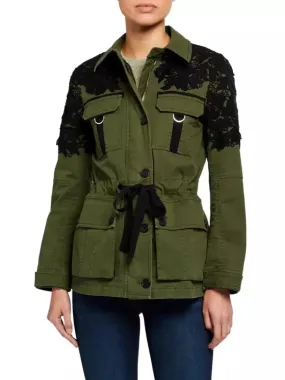 Women’s Army Green Utility Jacket with Black Lace Crochet Embroidery